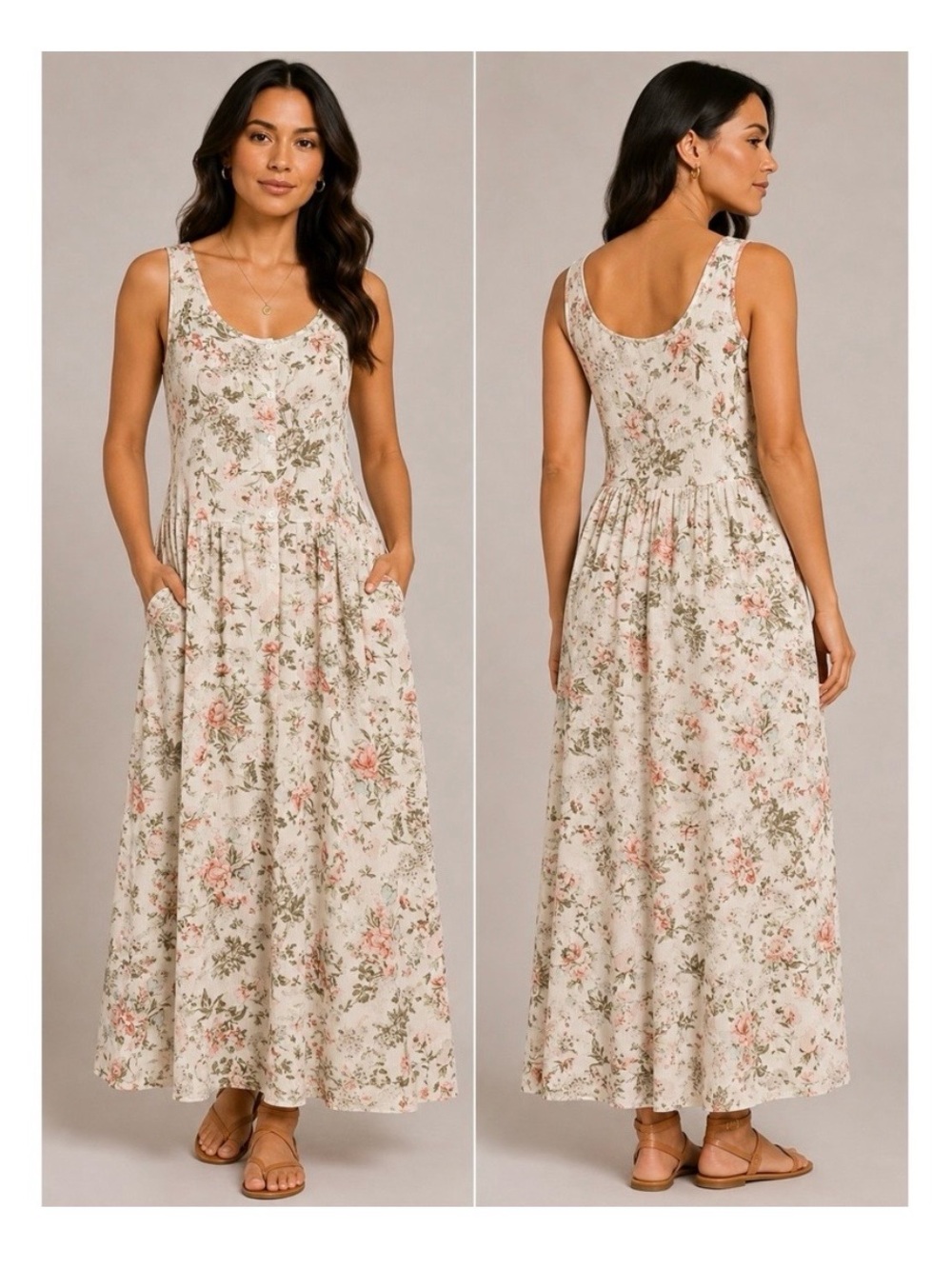 Frye Floral Sleeveless Maxi Dress Cream Pink Green Plus Size XXL 2X
